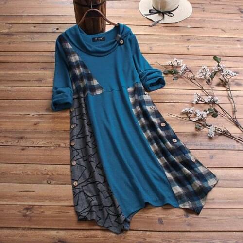 Womens Check Sundress 2021 Fashion Spring Shirt Dress Casual Patchwork Knee Length Vestidos Female Button Robe Plus Size 5XL