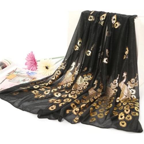 Women Gold Peacock Print Chiffon Scarves Wrap Summer Fashion Sea Beach Bufandas Mujeres Foulard Shawl Wrap Scarf Pashmina