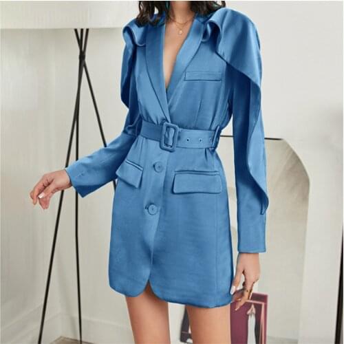 2021 Fashion Spring Autumn Women Dress Casual Jacket White Blue Long Sleeve Turndown Collar Ruffle Stitching Womens Coat