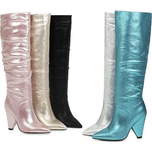 Winter Boots New Sequined Women Shoes Pointed Thick Heel Western Boots European and American Popular Ladies Boots Warm Boots2021