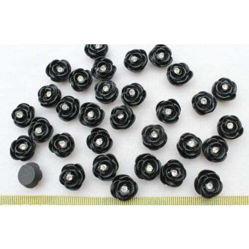 10pcs Flatback Resin black rose with rhinestone Cabochons 14mm DIY, hair bow, flower centers, cell phone