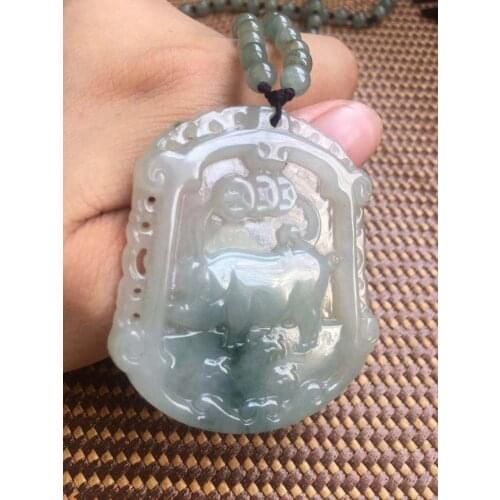 100% real jadite Zodiac pig pendant hollow Carving Emerald Floating Flower handmade green jade Pendant necklace