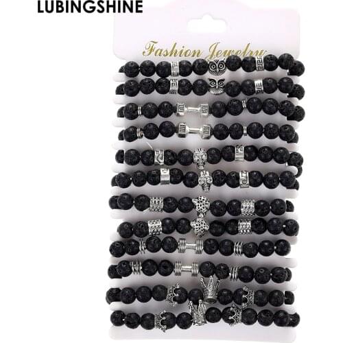 12pcs/set Punk Style Crown Owl Head Skull Charm Bracelets for Women Men Elastic Rope Black Natural Stone Beaded Bracelet Set