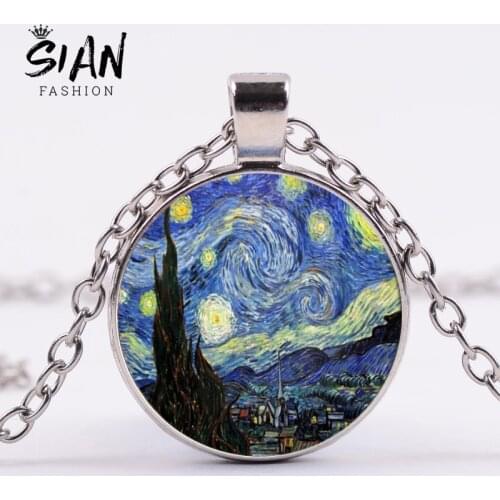 SIAN Van Gogh Starry Night Sunflower Necklace Famous Oil Painting Crystal Glass Cabochon Pendant Necklace Women Elegant Jewelry