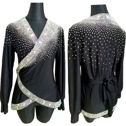 V Neck Shiny Rhinestones Professional Latin Dance Competition Shirts Men Tango Salsa Cha Cha Dancing Performance Wear DNV13507
