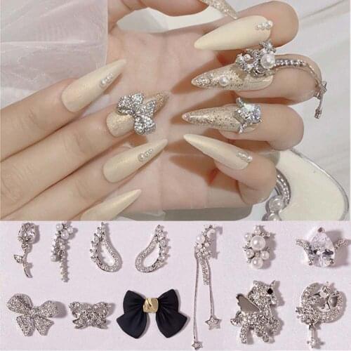 Charm Silver Zircon Nail Art Rhinestones 3D Bow Wing Flower Cross Tassel Nail Chains Imitation Pearls Nail Decorations Jewelry