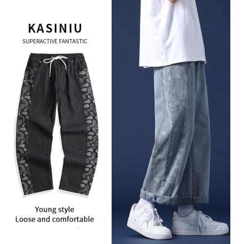 Stitching Cashew Mens Jeans Mens Spring Summer Loose Printed Straight Wide-leg Trousers Denim Pants Trendy Streetwear Hip Hop