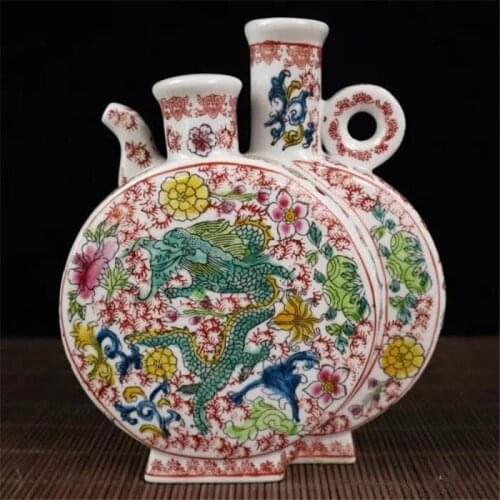Jingdezhen Porcelain Pastel Dragon And Phoenix Picture Pattern Flat Pot Vase Porcelain Decoration Home Decoration
