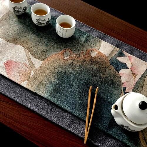 Cotton Linen Tea Runner Chinese Style Table Runner Lotus Pattern Table Cover Flag Waterproof Decor for TV Cabinet Dining Table