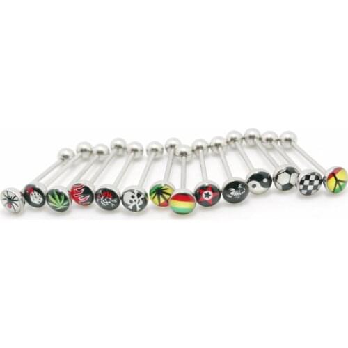 2pcs New Fashion Stainless Steel Picture Logo Tongue Barbell Piercing Ring Body Jewelry Checker Fire Stare Skull Leaf