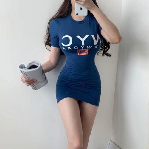 Korean Summer 2021 Womens Clothing Tight-fitting Round Neck Slim Short-sleeved Sports Casual Letters Mini T Shirt Dress E178