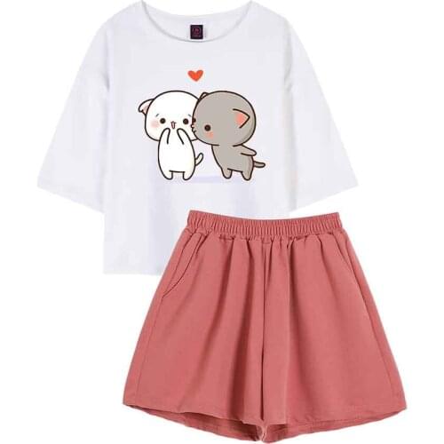 Kawaii Pajama Two Piece Outfits Short Sleeve Top Female Shorts Set Women Summer Cartoon T Shirt Home Wear Set Simple Sleepwear