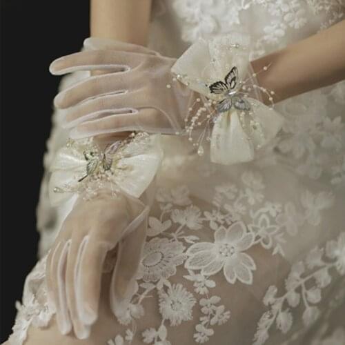 Women Thin Butterfly Bow Pearl Lace Wedding Dress Mitten Summer Transparent Mesh Beaded Anti-UV Sunscreen Sun Driving Glove L92