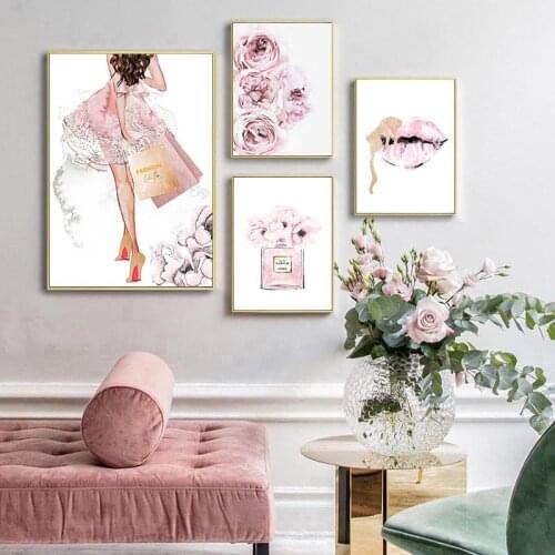 Pink Flower Fashion Poster Eyelash Lips Makeup Print Canvas Art Painting Wall Art Picture Modern for Girl Bedroom Home Decor