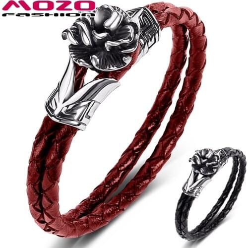 MOZO FASHION 2021 New Men Jewelry Black Genuine Leather Bracelets Stainless Steel Trendy Charm Flower Simple Women Gifts 538