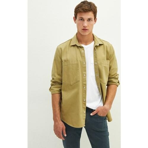 Standard Fit Mens Light Khaki Long Sleeve 100% Cotton Jean Jacket Spring / Autumn Smart Casual Daily Street Style