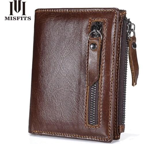 Cow Leather Men Wallets Double Zipper Coin Pocket Vintage Male Purse Function Brown Genuine Leather Wallet with Card Holders