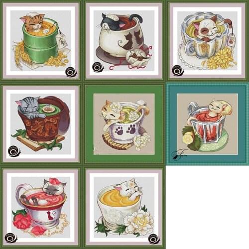Tt Counted Cross Stitch Kit Fan blowing a fan Handmade Needlework For Embroidery 14ct Cross Stitch Cat Lemon Tea