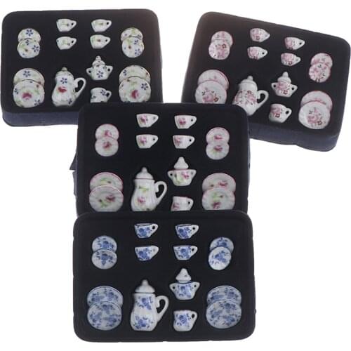 1:12 Miniature 15pcs Porcelain Tea Cup Set Flower Tableware Kitchen Dollhouse (8 Patterns for your choice)