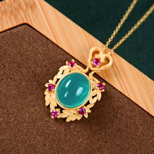 Natural Amazonite Pendant S925 Sterling Silver Inlaid High Ice Blue Amazonite Hollow Pendant Egg Surface Clavicle Chain Jewelry