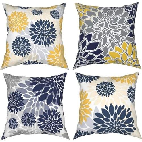 Throw Pillow Covers 18X18 Inch Set Of 4,Navy Blue Gold Oversized Flower Geometry Square Pillow Cushion Cases