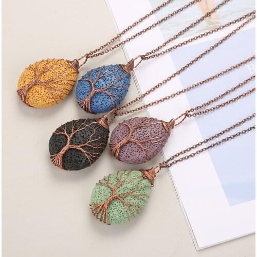 Tree of Life Copper Wire Wrapped Waterdrop Lava Stone Essential Oil Diffuser Necklace Aromatherapy Stone Necklace Jewelry