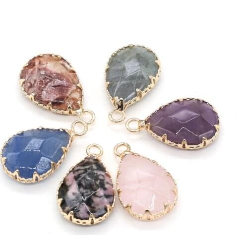 Natural Rose Quartzs Amethysts Crazy Agates Pendant Water Drop Shape Stone Pendant for Jewelry Making DIY Necklace Size 14x23mm