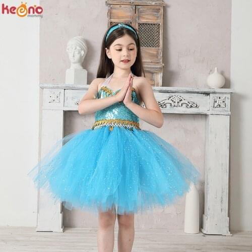 Aladdin Jasmine Girls Tutu Dress Headband Outfit Kids Birthday Party Pageant Sparkly Tulle Fancy Dress Sequins Children Clothes
