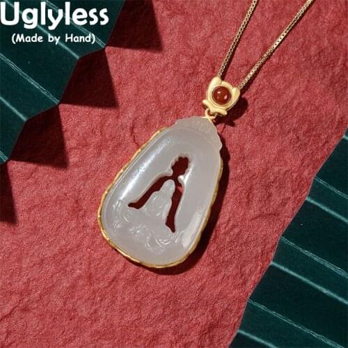Uglyless Meditate Buddha Pendants for Women Hollow Buddha in Buddha Necklaces NO Chains 925 Silver Buddhistic Gifts Jewelry Jade