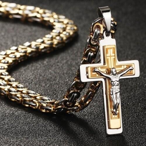 Heavy Crucifix Cross Pendant Necklace Men Gold Stainless Steel Male Punk Necklaces Byzantine Chain Men Necklaces Jewelry Gifts