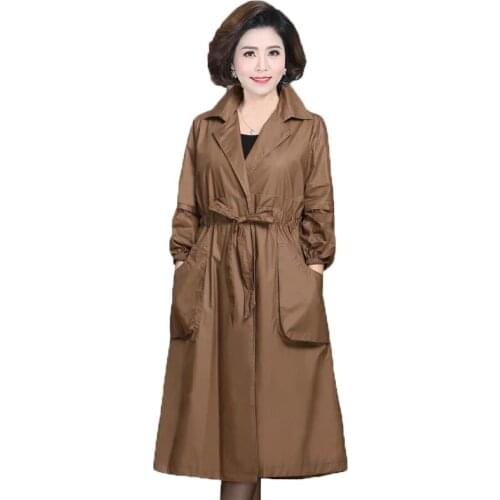 With Lining Middle-aged Women Windbreaker Female Spring Autumn Large Size All-Match Long Mother trench coat Overcoat L-5XLA1016