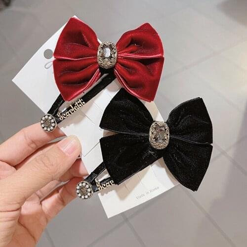 Retro Fabric Bow Hairpin Velvet Crystal Jewelry Hair Bows BB Clip Pin Korean Adult Girls Headpiece Hair Accessories for Women