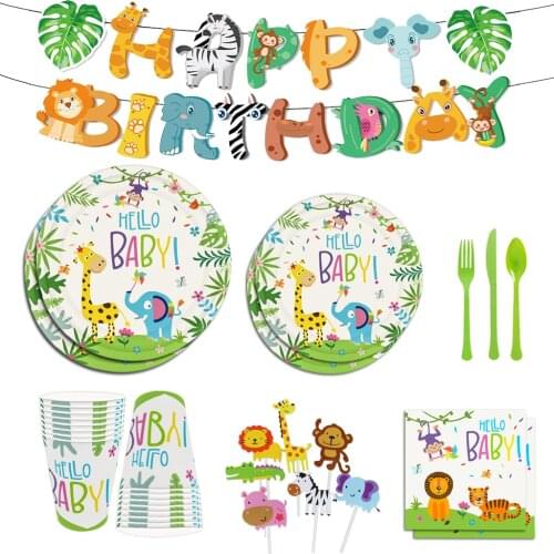 “Hello Baby” Animal World Party Decor Kids Jungle Safari Birthday Decor Woodland Forest Theme Tableware Safari Animal Caketopper