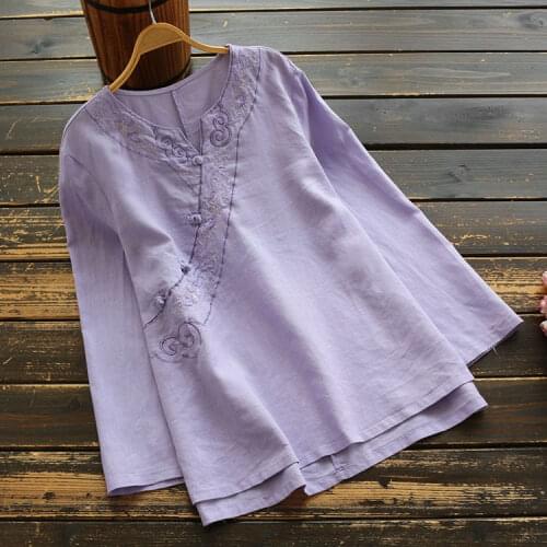 7330 New spring Women Tops Retro Chinese Style Linen Buckle V-Neck Long Sleeve embroidery shirt Loose Solid Color Blouse Women
