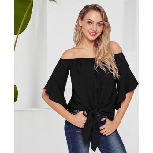 One-line neck chiffon shirt women 2021 summer new style solid color ruffled lace-up blouse women Sexy Streetwear Temperament