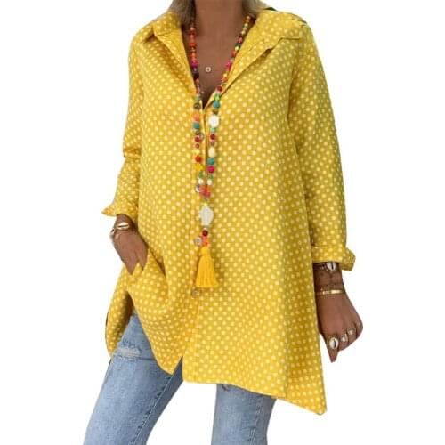 Women Casual Long Sleeve Turn Down Collar Polka Dot Print Buttons Loose Shirt