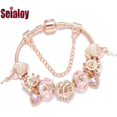 Seialoy Rose Gold Crystal Beads Charm Bracelets & Bangles Crown Heart Bracelets For Women Femme Wedding DIY Popular Jewelry