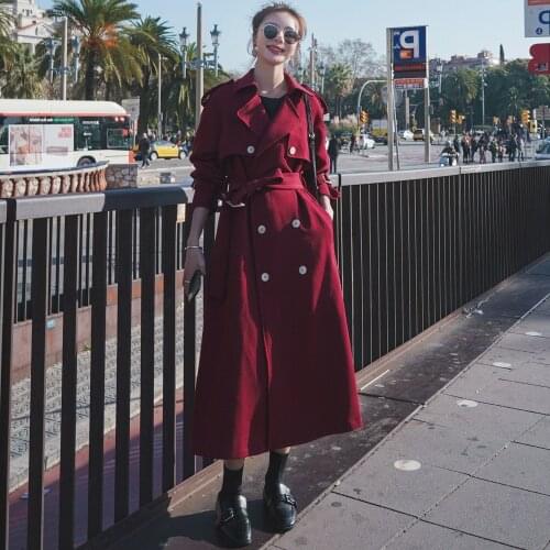 2021 Autumn Wine Red Long Trench Coat With Belt Women Casaco Feminina Elegant Fashion Windbreaker Outerwear Jaqueta Corta Vento