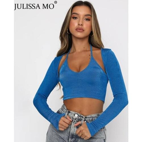 Julissa Mo Halter V-neck Sling Long Sleeve Two-Piece Top Sexy Summer Crop Top For Women Slim Tops 2021 Black Clubwear Fashion