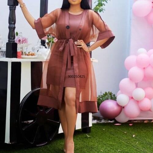 2021 New Arrival Spring and Summer African Women Wine Red Two Pieces Sets Coat and Dress African Suit