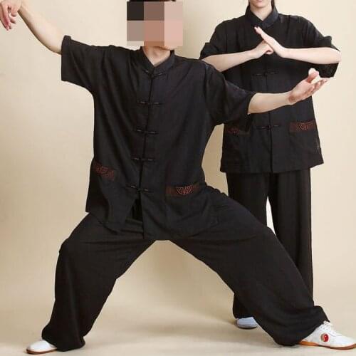 5colors blue/gray/black/white UNISEX embroidery linen&cotton short sleeve martial arts suits tai chi kung fu uniforms clothing