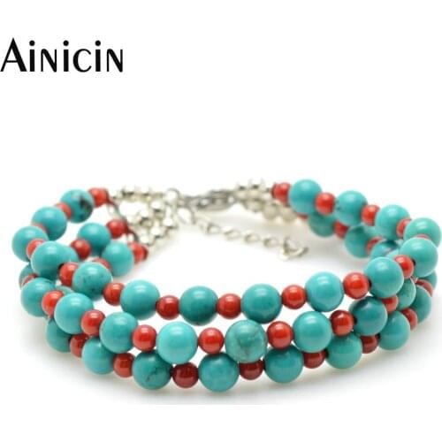 5pcs Multi-layer Natural Green Stone and Coral Round Beads Chain Link Bracelets For Fashion Women Jewelry