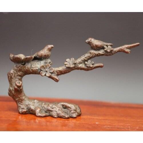 9CM China Pure red Copper auspicious pied magpie plum blossom flower bird Statue