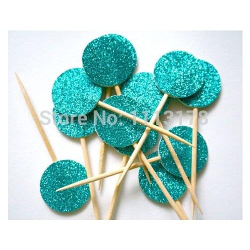 Aqua Glitter Circle Hors d'oeuvre Topper, Cupcake Topper, Appetizer Topper Wedding Engagement birthday