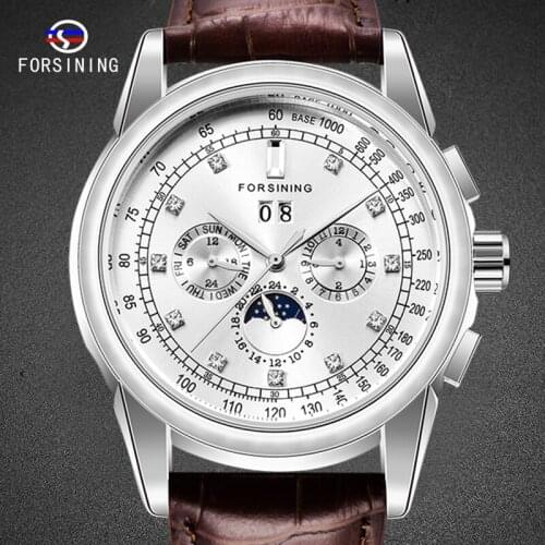 Male Watch Automatic Mechanical Clock Leather Belt Business Male Brown Silver Mans Wristwatch Moon Phase Series