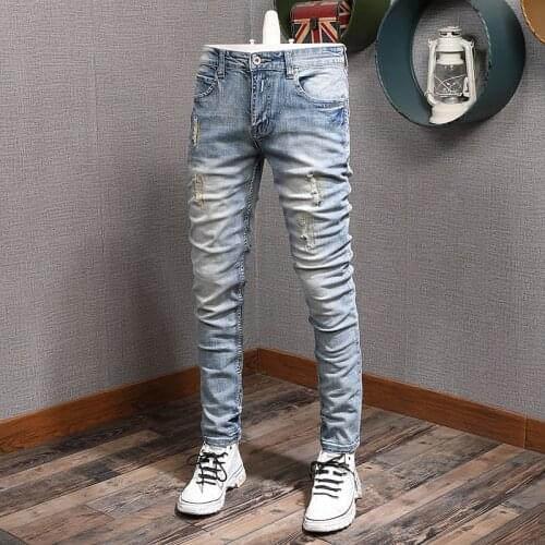 Korean Style Fashion Men Jeans Light Blue Embroidery Patches Ripped Denim Trousers Streetwear Elastic Cotton Slim Designer Pants