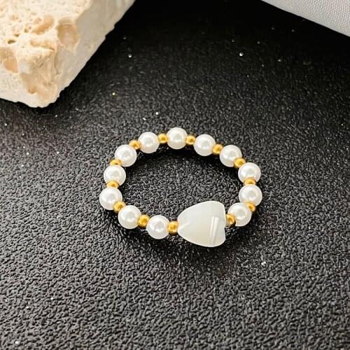 Korean Fashion Gold Silver Stainless Rings Elegant Simlated Pearls Stainless Steel Beads Ring Romantic Love Heart Jewelry Girls