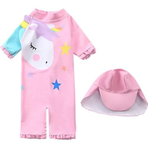 1-5years Girls Swimsuit Purple Unicorn Girls' Swimwear One Piece With Hat For Childrens Swimwear With Stars Fashional Suits