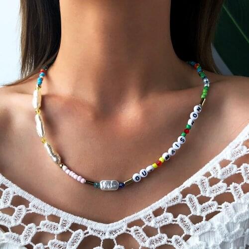 Lalynnly Pearl Choker Necklaces Carved Letter Peal Chains For Women Girls Bohemian Necklace Summer Trendy Jewelry Bijoux N7624