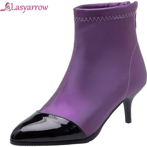 Lasyarrow New Big Size 32-48 Pointed Toe Party Elegant Boots Women Shoes Thin High Heels Ankle Boots Warm Shoes Woman J1043